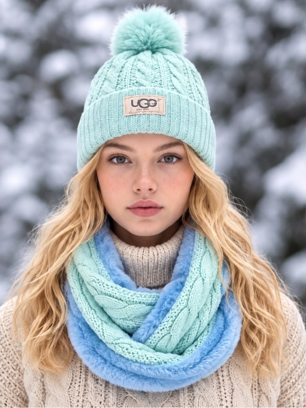 Ugg Australia NWT Light Blue Cable Knit  Beanie Faux Fur Infinity Scarf Set